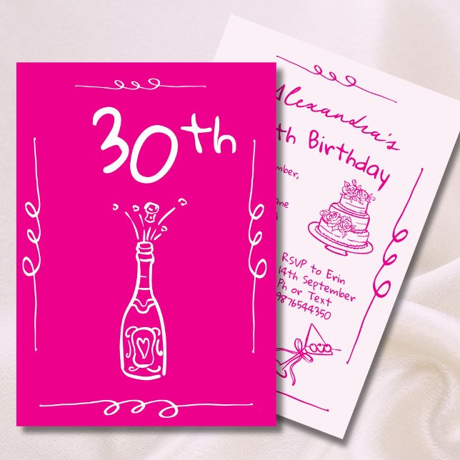 30th Birthday  Hand Drawn Pink Whimsical Invitation (Creator Uploaded)