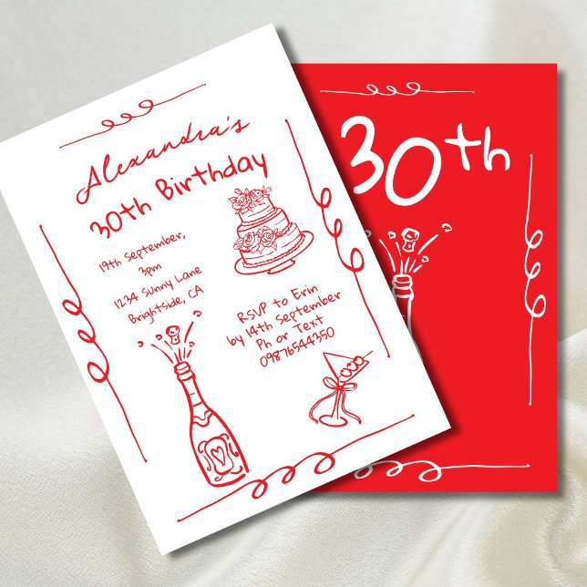 30th Birthday  Hand Drawn Red  Whimsical Invitation (Creator Uploaded)
