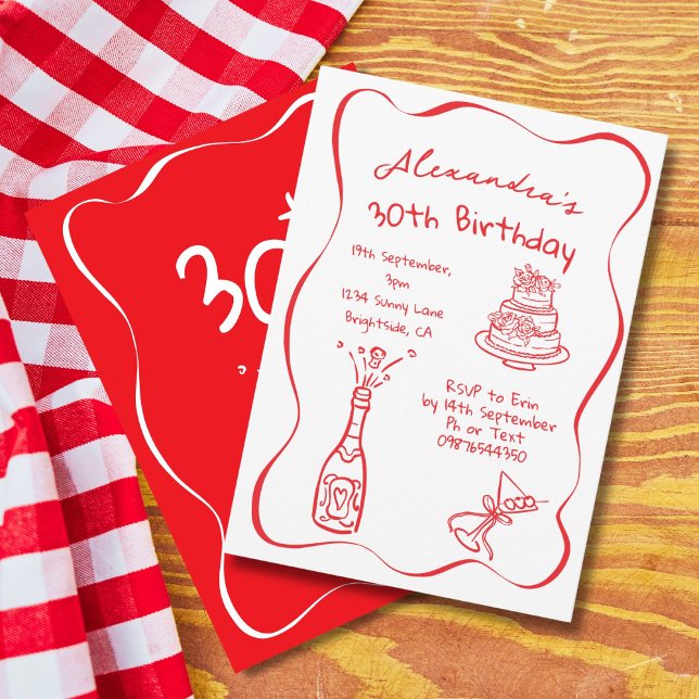30th Birthday Hand Drawn Red White Whimsical Invitation (Creator Uploaded)