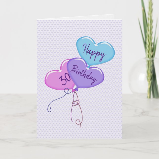 30th Birthday Heart Balloons on Hearts Card (Front)