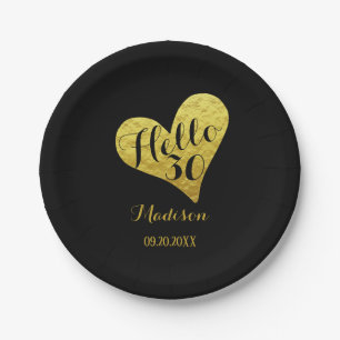 30th Birthday Hello 30 Black and Faux Gold Heart Paper Plates