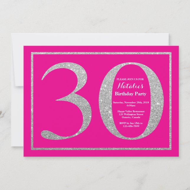 30th Birthday Hot Pink and Silver Glitter Invitation (Front)