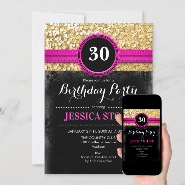 30th Birthday - Hot Pink Black Gold - ANY YEAR Invitation | Zazzle