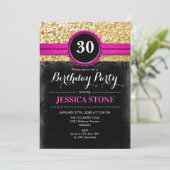 30th Birthday - Hot Pink Black Gold - ANY YEAR Invitation (Standing Front)