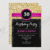 30th Birthday - Hot Pink Black Gold - ANY YEAR Invitation (Front/Back)