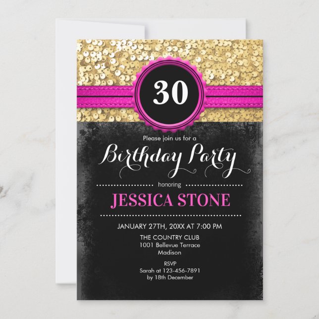 30th Birthday - Hot Pink Black Gold - ANY YEAR Invitation (Front)