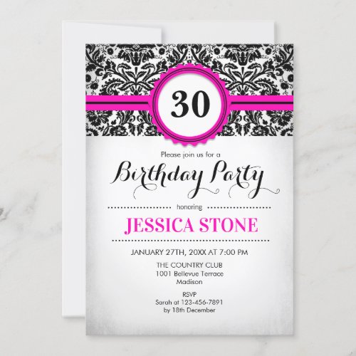 30th Birthday _ Hot Pink Black White Damask Invitation