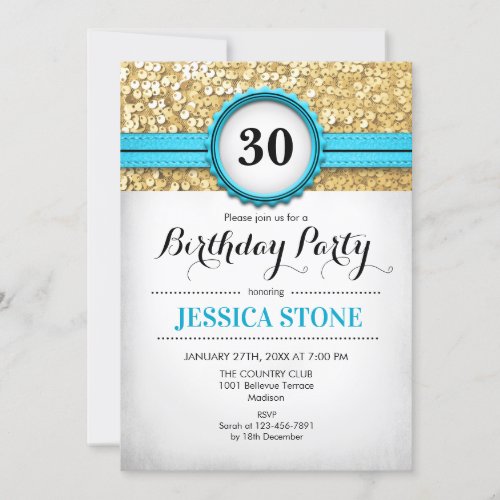 30th Birthday Invitation _ Aqua Blue White Gold