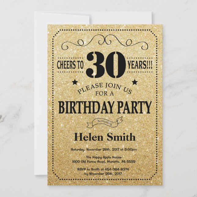 30th Birthday Invitation Black and Gold Glitter (Front)