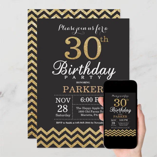30th Birthday Invitation Black and Gold Glitter | Zazzle