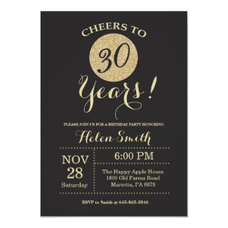 30th Birthday Invitation Black and Gold Glitter