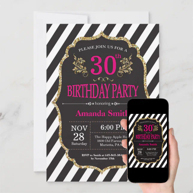 30th Birthday Invitation. Black and Gold Glitter Invitation | Zazzle