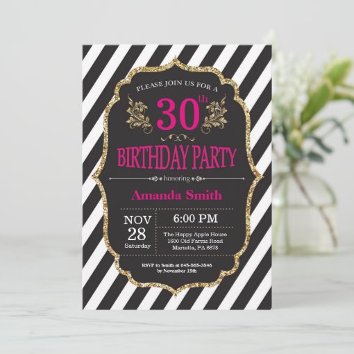 30th Birthday Invitation. Black and Gold Glitter Invitation | Zazzle