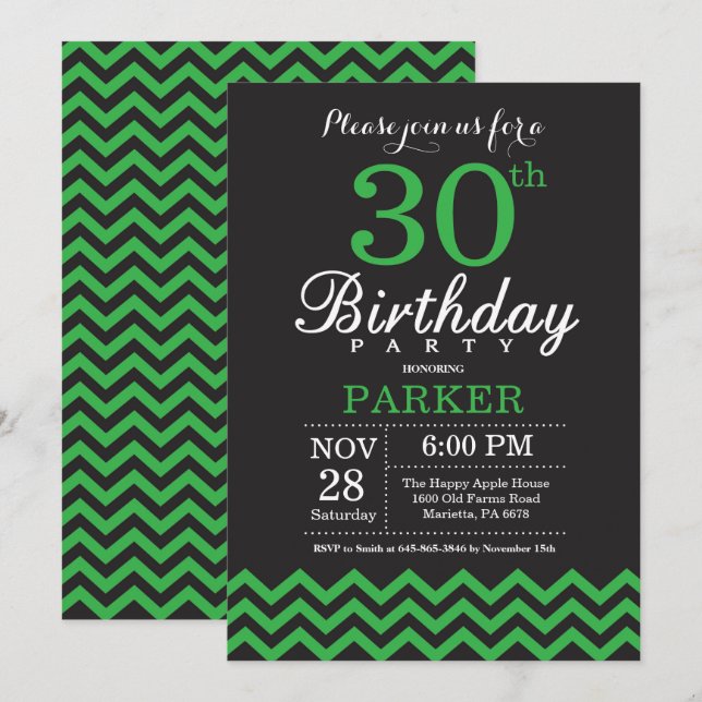 30th Birthday Invitation Black and Green Chevron (Front/Back)