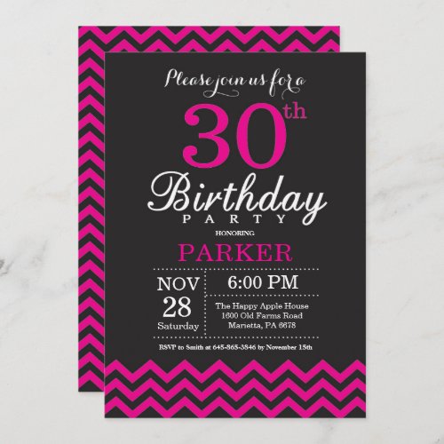 30th Birthday Invitation Black and Hot Pink