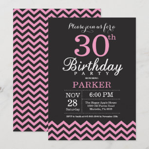 30th Birthday Invitation Black and Pink Chevron