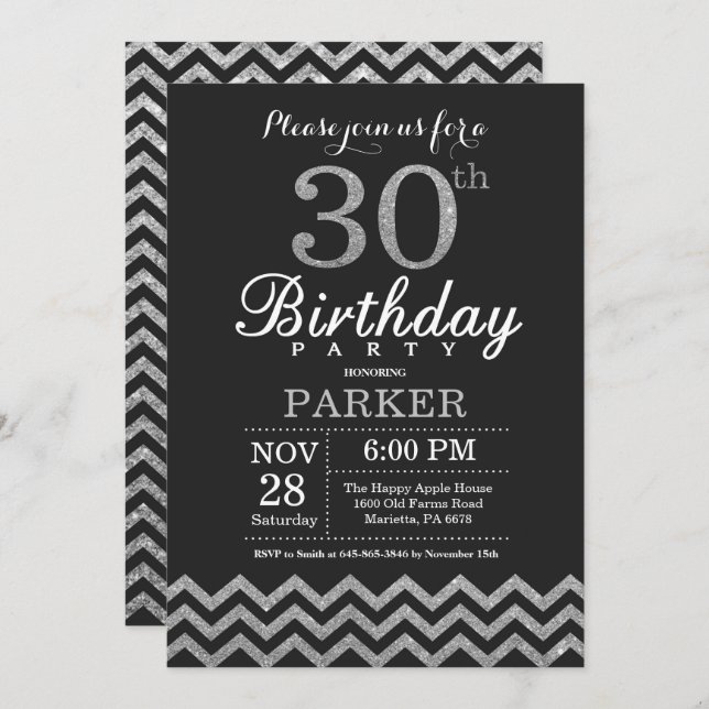 30th Birthday Invitation Black and Silver Glitter (Front/Back)