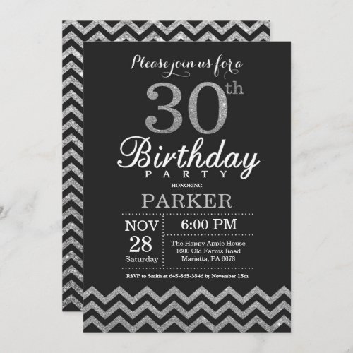 30th Birthday Invitation Black and Silver Glitter