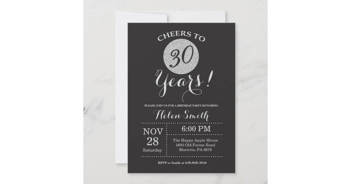 30th Birthday Invitation Black and Silver Glitter | Zazzle