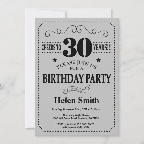 30th Birthday Invitation Black and Silver Gray