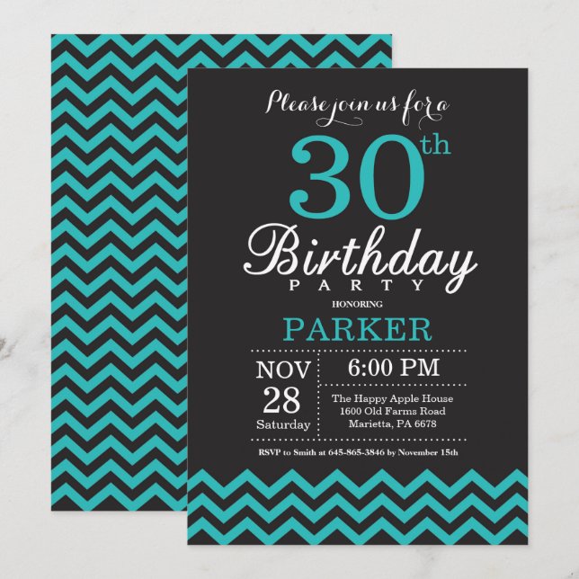30th Birthday Invitation Black and Teal (Front/Back)