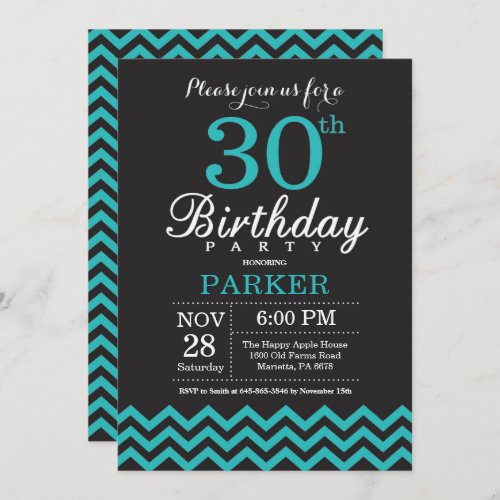 30th Birthday Invitation Black and Teal
