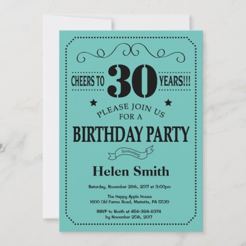 30th Birthday Invitation Black and Teal