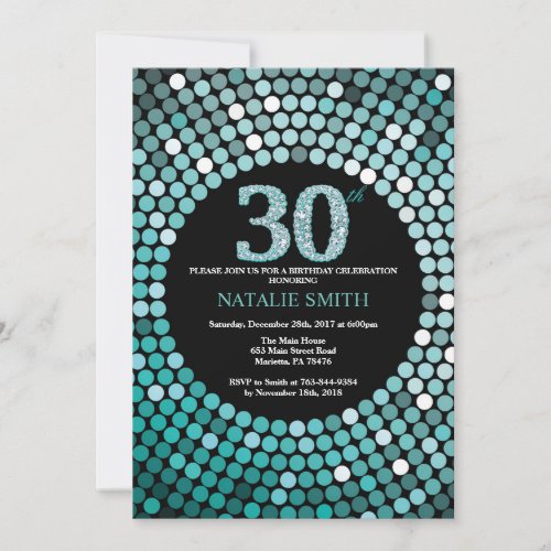 30th Birthday Invitation Black and Teal Glitter