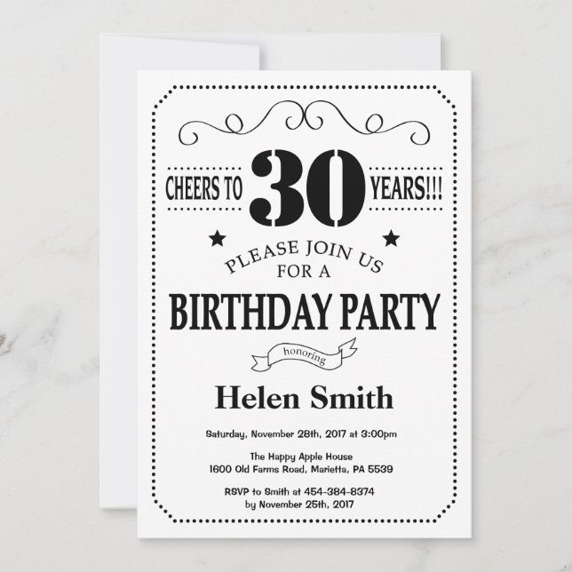 30th Birthday Invitation Black and White (Front)