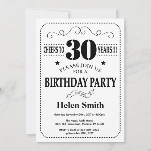 30th Birthday Invitation Black and White