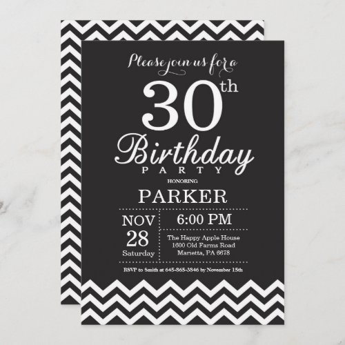 30th Birthday Invitation Black and White Chevron