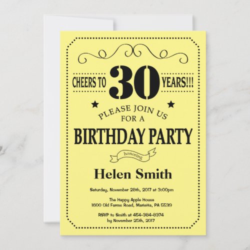 30th Birthday Invitation Black and Yellow