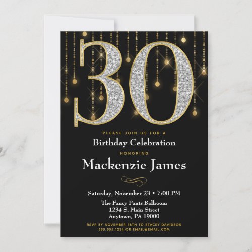 30th Birthday Invitation Black Gold Diamonds Adult