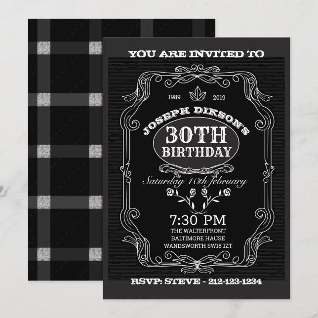 30th BIRTHDAY INVITATION,  Black & gray Whisky lab Invitation (Front/Back)