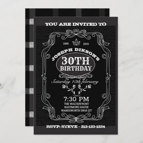 30th BIRTHDAY INVITATION  Black  gray Whisky lab Invitation