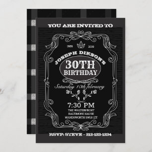 30th BIRTHDAY INVITATION, Black & gray Whisky lab Invitation