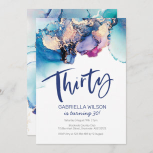 30th Birthday Invitation Blue Abstract Watercolor