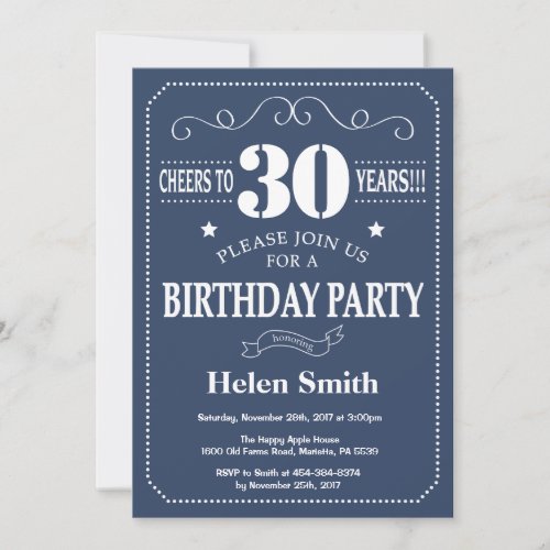 30th Birthday Invitation Blue and White