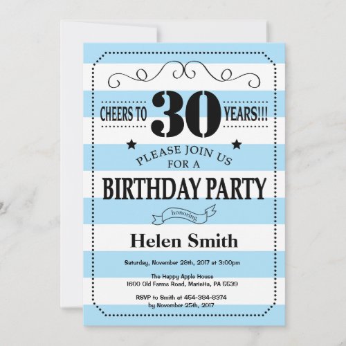 30th Birthday Invitation Blue and White Stripes