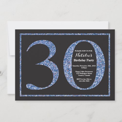30th Birthday Invitation Blue Glitter Chalkboard