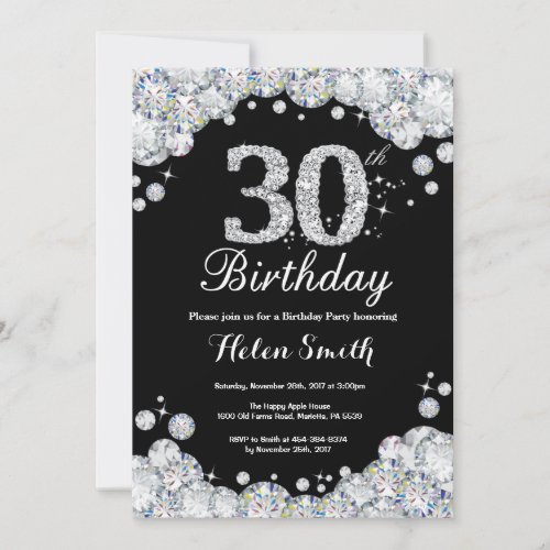 30th Birthday Invitation Chalkboard Silver Diamond