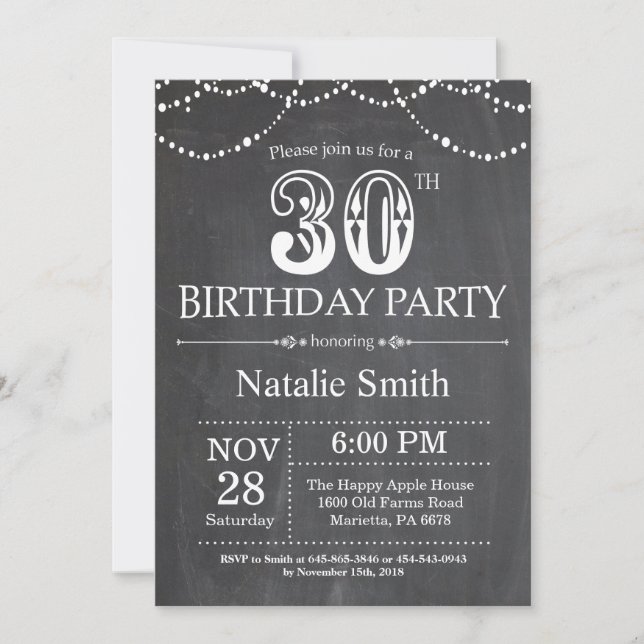 30th Birthday Invitation Chalkboard String Lights (Front)