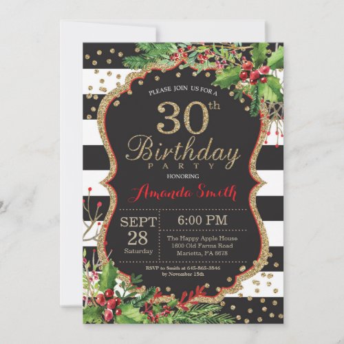 30th Birthday Invitation Christmas Red Black Gold Invitation