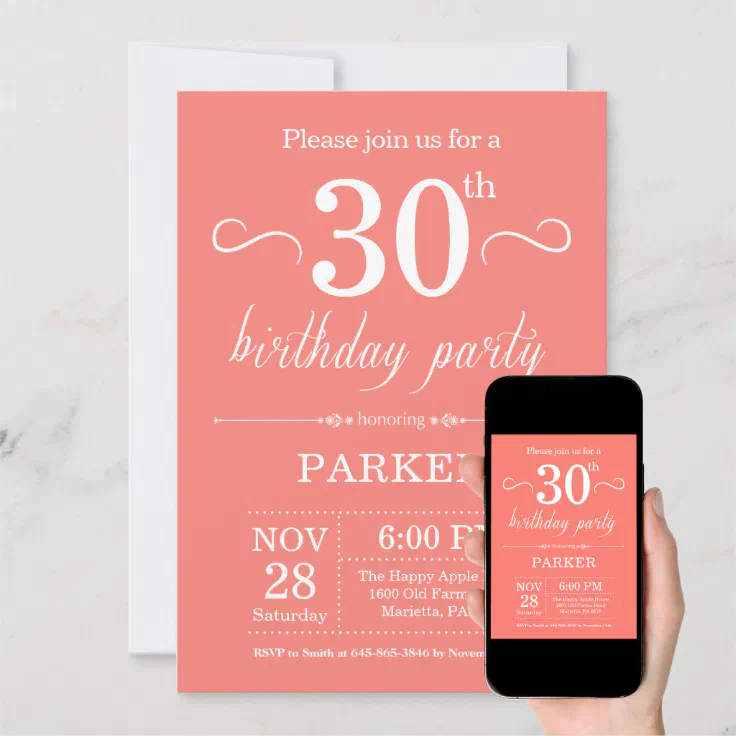 30th Birthday Invitation Coral | Zazzle