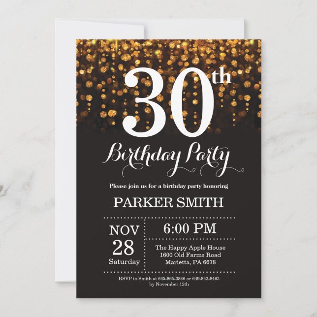 30th Birthday Invitation Gold Glitter (Front)