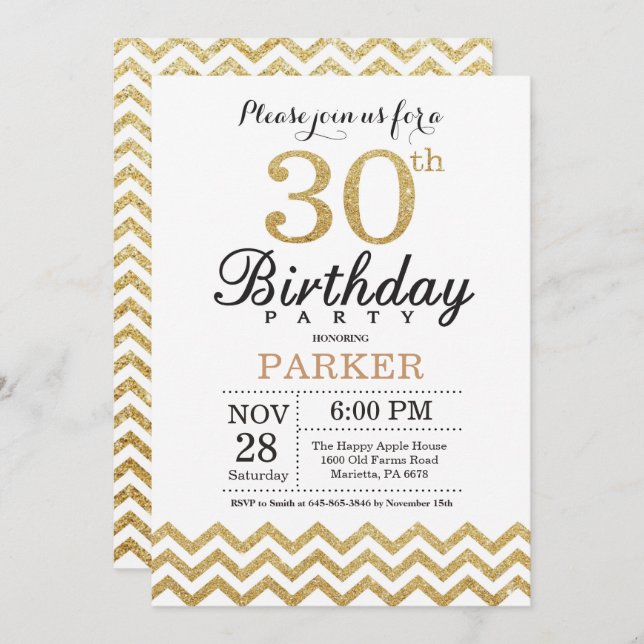 30th Birthday Invitation Gold Glitter (Front/Back)