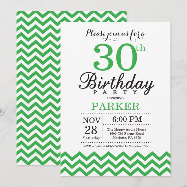 30th Birthday Invitation Green Chevron (Front/Back)