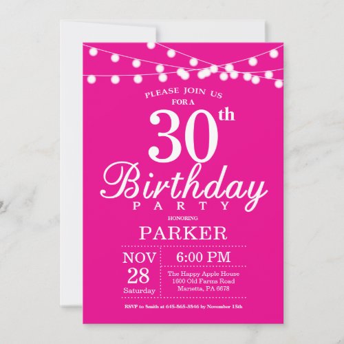 30th Birthday Invitation Hot Pink