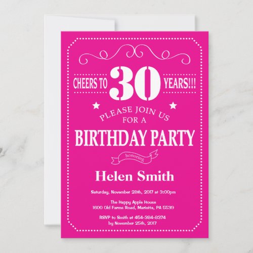 30th Birthday Invitation Hot Pink and White