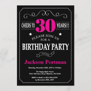 30th Birthday Invitation Hot Pink Black Chalkboard